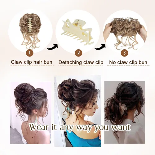 Miniatura 4 de Pieza de Cabello de Moño Desordenado con Clip de Garra, Accesorios para el Cabello para Mujeres, Extensiones de Moño Ondulado Rizado y Desordenado