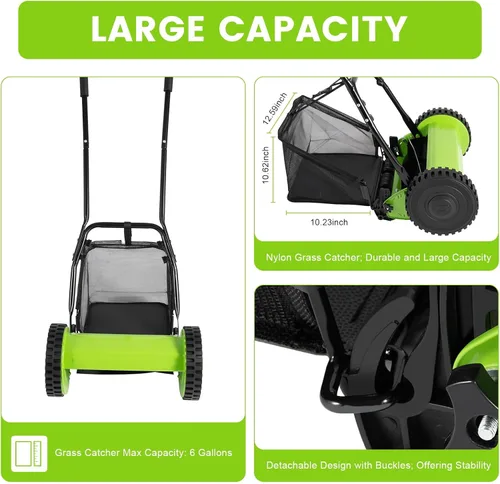 Miniatura 5 de Cortacésped manual de 12 pulgadas con carrete de 5 cuchillas, mango de corte ajustable, altura de mango de empuje, cortacésped con recogedor