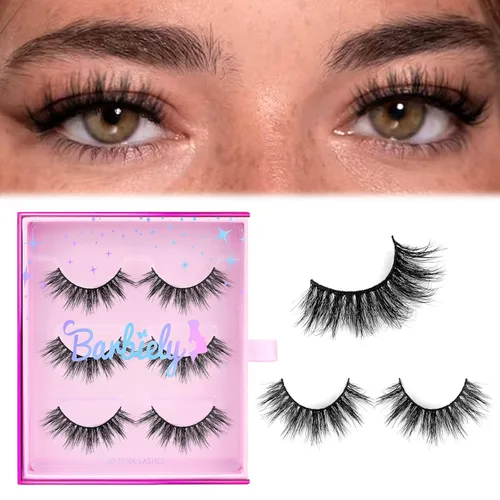 Miniatura 5 de Pestañas de visón de 0.630 in, 3 pares de pestañas cortas de visón real, aspecto natural, pestañas postizas 100% hechas a mano, aspecto de ojos