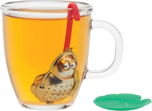 Miniatura 3 de HIC Kitchen Infusor de té con bandeja de goteo, almohadilla de rana y lirio, acero inoxidable 18/8 y plástico