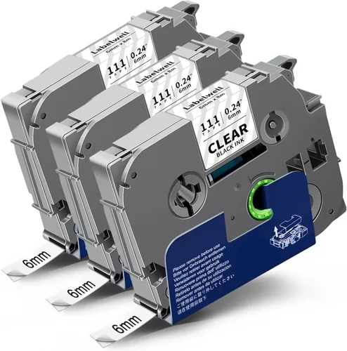 Labelwell Paquete de 3 cintas TZe-111 compatibles con etiquetas adhesivas transparentes de 0.236 in 0.23 pulgadas, TZe111 TZ-111, negro sobre