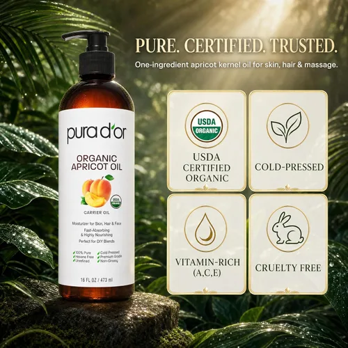 Miniatura 5 de PURA D'OR Aceite orgánico de almendra de albaricoque de 16 onzas, 100% puro y natural, certificado por la USDA, aceite portador prensado en frío