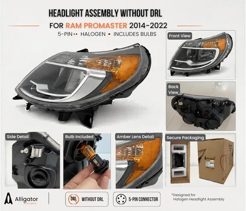 Miniatura 4 de ALLIGATOR AUTO LIGHTS Conjunto de faros delanteros con bombillas de repuesto para Ram 2014-2022 ProMaster Faro halógeno sin DRL izquierda/lado