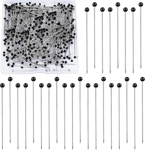 Alfileres de costura, 300 alfileres rectos para tela, alfileres de acolchado de cabeza de bola perlada negra de 1.5 pulgadas, alfileres de costura
