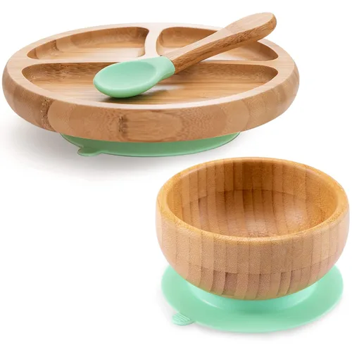 Juego de plato de succión de bambú, cuenco y cuchara, juego de alimentación de madera para niños de 1 a 3 años, succión de silicona que se adhiere a
