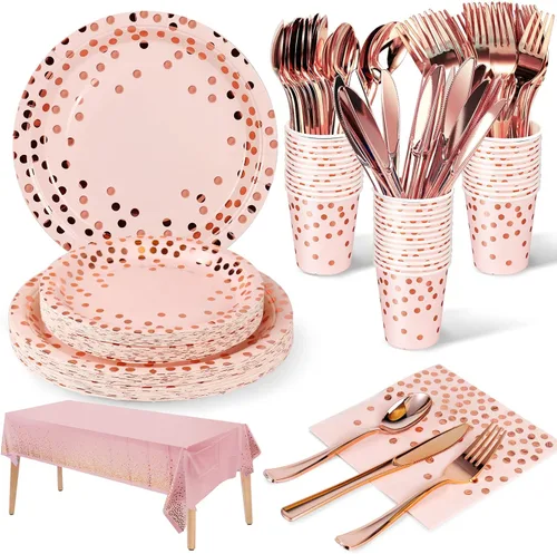 Nkaiso 141 piezas de suministros de fiesta de oro rosa y rosa, juegos de decoraciones desechables para fiestas incluyen platos de papel, Rosa y oro