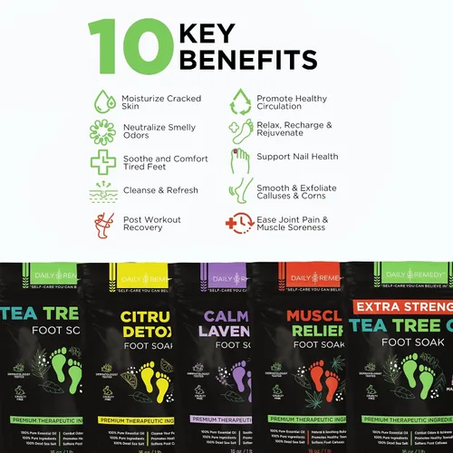 Miniatura 4 de DAILY REMEDY Sales de remojo para pies, paquete variado de 4 unidades, aceite de árbol de té, alivio muscular, lavanda calmante y remojo