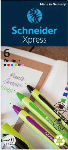 Miniatura 5 de Schneider Xpress Premium Fineliner, punta porosa de 0,8 mm, barril verde claro, colores de tinta surtidos, cartera de 6 bolígrafos: negro, rojo