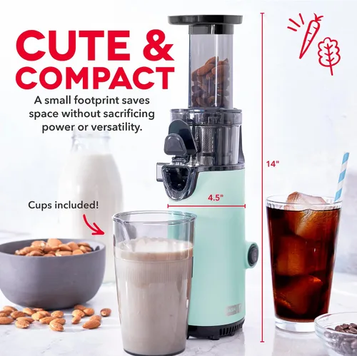 Miniatura 8 de DASH Exprimidor Lento Compacto Deluxe Masticador, Fácil de Limpiar Exprimidor de Prensado en Frío con Cepillo, Taza Medidora de Pulpa, Accesorio