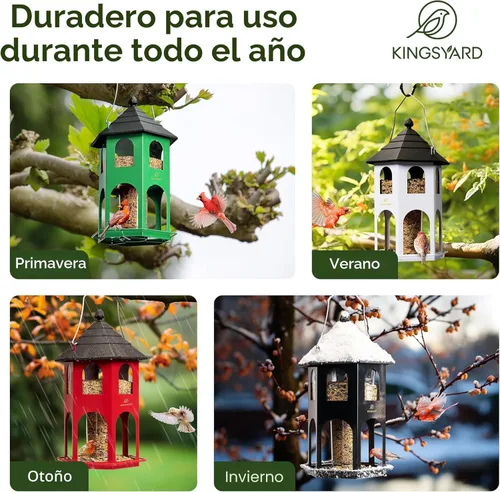Miniatura 6 de Kingsyard Comedero de metal para colgar en exteriores, comederos para pájaros silvestres con percha circular, fácil de limpiar y rellenar, gran Rojo