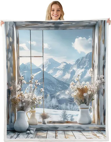 Miniatura 10 de Rustic Farmhouse Style Sherpa Blanket Retro Barn Truck Flannel Fleece Throw Blanket 40"x50" for Sofa Couch Country Daisy Flowers Ultra Soft Bed Blue