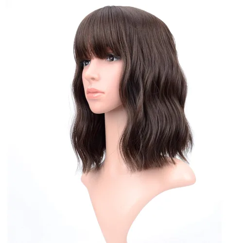 Miniatura 2 de VCKOVCKO Pelucas cortas de ondas naturales peluca marrón natural con flequillo de aire, para mujer, longitud al hombro, rizadas, onduladas, A