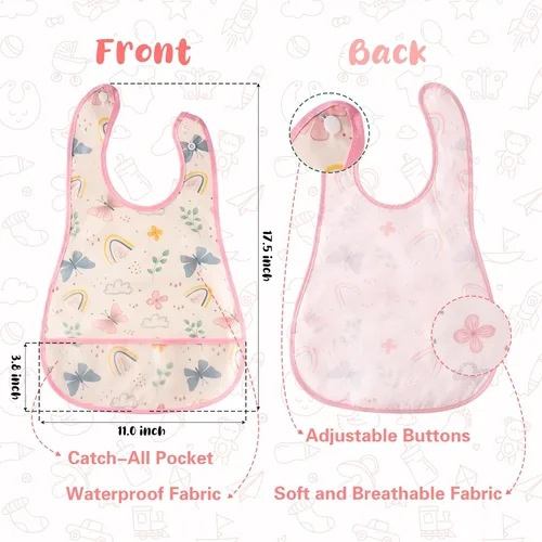 Miniatura 2 de R HORSE Juego de 5 baberos para bebés con bolsillo para atrapar migas y botón a presión, baberos impermeables para bebés de 6 a 24 meses Floral rosa
