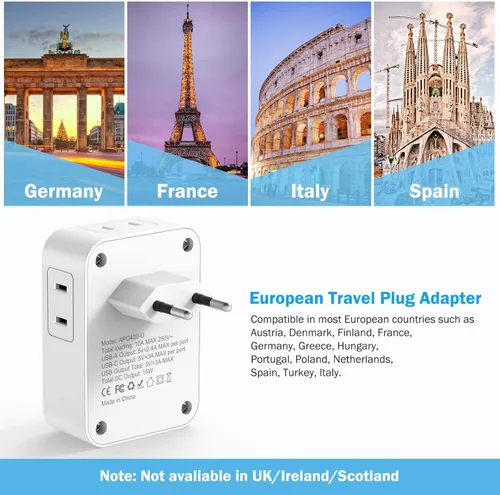 Miniatura 3 de Paquete de 2 adaptadores de enchufe de viaje europeos con USB C, adaptadores de corriente de Estados Unidos a Europa con 4 salidas de CA, 3 puertos