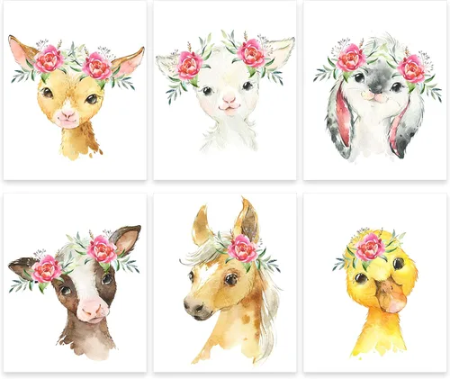Arte de pared de animales de granja (juego de 6 sin marco) pintura de acuarela para habitación de niños, papel de póster de 8 x 10 pulgadas, kit de