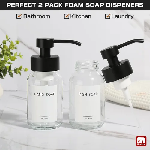 Miniatura 4 de GMISUN - Dispensador de jabón de espuma, paquete de 2 dispensadores de jabón de vidrio transparente de 8.5 fl oz / 8.5 fl oz para baño y cocina