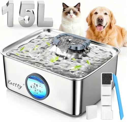 Kastty Fuente de agua para perros de 15L/4 galones, fuente de agua grande de acero inoxidable para mascotas con luz LED de nivel de agua,