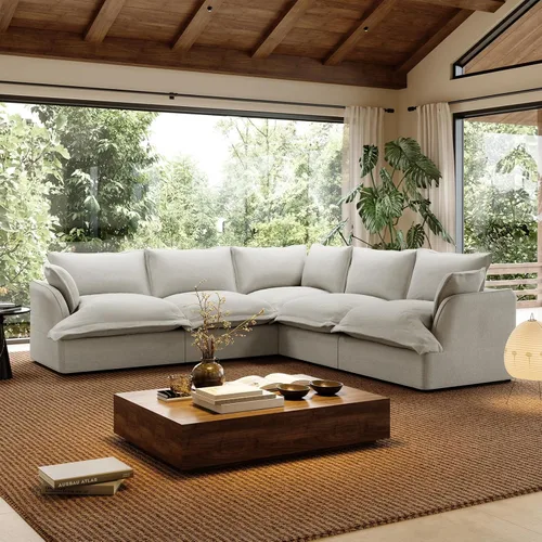 Miniatura 41 de Sofá modular de mezcla de lino para sala de estar, cómodo sofá modular con relleno de plumón, moderno sofá cama convertible con asiento profundo