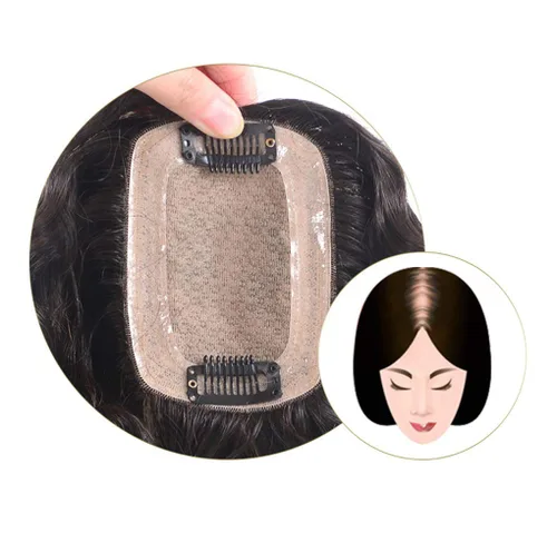 Miniatura 3 de 100% cabello humano real, 2.8 x 3.9 pulgadas, base de seda, con clip, ondulado, rizado, postizo para mujer (7.9 pulgadas, negro)