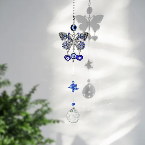 Miniatura 7 de Colgante de cristal azul con dije de ojo malvado, mariposa, ángel, girasol, talismán, atrapa el sol, hecho a mano, dije de buena suerte, oficina