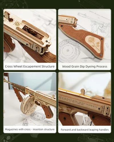 Miniatura 3 de Rowood Rompecabezas 3D para adultos amantes de los juguetes militares, banda de goma, kit de modelo de madera de Tommy Gun, rompecabezas de madera