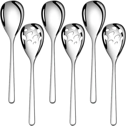 Miniatura 10 de Juego de 2 cucharas de servir, cucharas sólidas y ranuradas de acero inoxidable de 9.4 pulgadas, utensilios de cocina extra grandes y resistentes