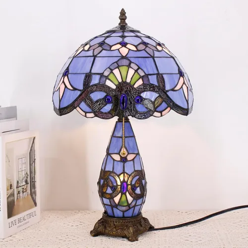 Miniatura 4 de Lámpara de Estilo Tiffany de Vidrio Manchado Azul Barroco de Mesa de 12X19 Pulgadas, Vaso Madre-Hija, Luz de Lectura para Escritorio, Decoración