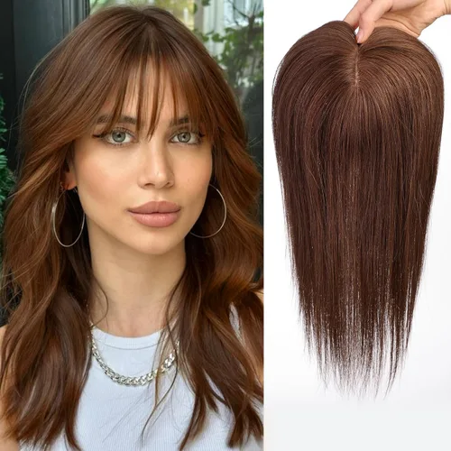 Miniatura 11 de HAIRCUBE Pelucas de cabello humano 100% con flequillo, densidad 150%, base de seda, clip en la parte superior, pelucas de cabello superior
