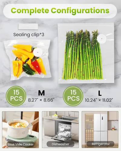Miniatura 7 de FEPPO Sellador al vacío para alimentos con tanque de agua visible, máquina selladora al vacío compacta de mano con 30 bolsas reutilizables