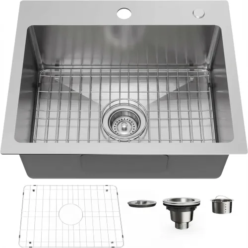 Miniatura 11 de Fregadero de cocina empotrable de 20" x 16" de acero inoxidable 304 de un solo compartimento montaje superior para bar con kit de drenaje y rejilla