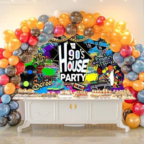 Miniatura 7 de Avezano Telón de Fondo para Fiesta de los 90 en Casa con Graffiti de Hip Hop, Decoraciones Temáticas de los 90 para Fiesta en Casa, Radio Retro