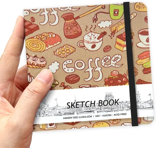 Miniatura 27 de Cuaderno de bocetos de bolsillo cuadrado de tapa dura de cuero PU de 5" x 5", 58 hojas de papel beige Dowling de 150 GSM, libro de bocetos de arte