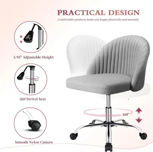 Miniatura 4 de JUMMICO Silla de escritorio para oficina en casa, silla de tocador, tapizada, ajustable, con respaldo medio, giratoria, sin brazos, sillas de Gris