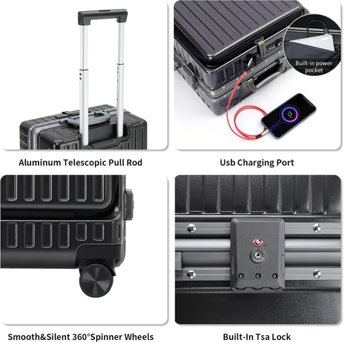 Miniatura 3 de Equipaje de mano aprobado por aerolíneas con compartimento para laptop, equipaje multifuncional de marco de aluminio de 20 pulgadas con puerto