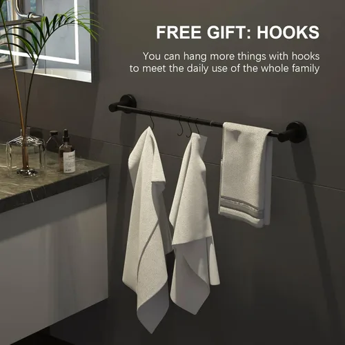Miniatura 5 de Toallero de baño ajustable negro mate de 16 a 27.6 pulgadas, toallero individual de acero inoxidable 304, soporte para toallas montado en la pared
