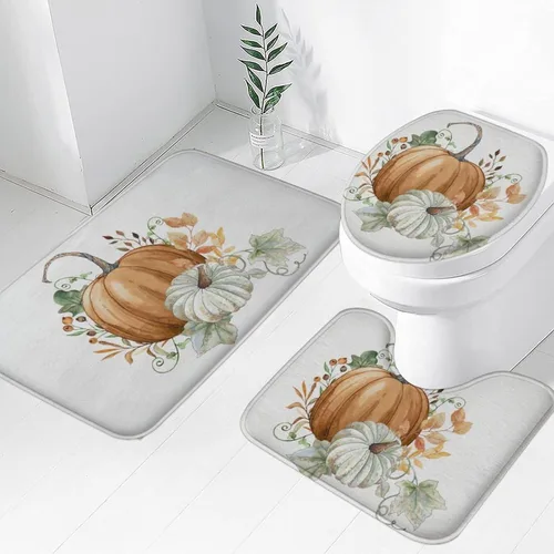 Miniatura 8 de Tapete de baño de 3 piezas de otoño con diseño de calabaza, color azul y verde, hojas de arce, cosecha, decoración de Acción de Gracias, juego