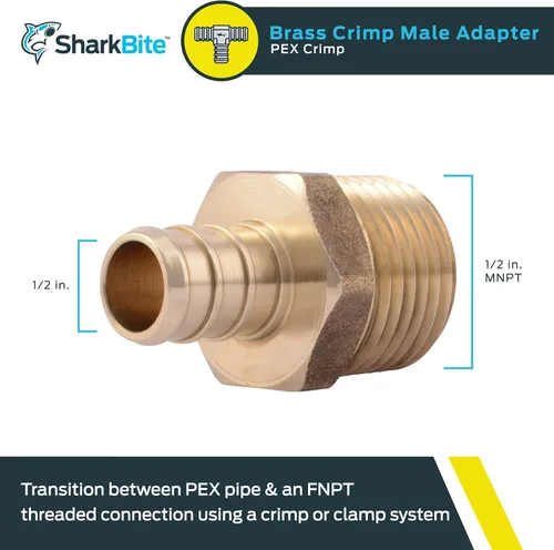 Miniatura 2 de SharkBite - Adaptador macho MNPT de 1/2 pulgada con crimpado, accesorio de fontanería de latón, tubo PEX, cobre, UC120LFA