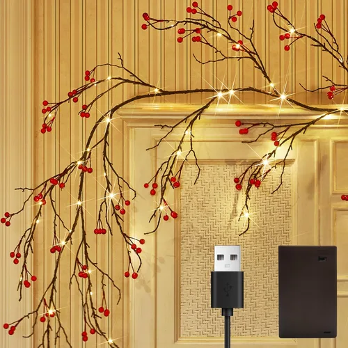 Fudios - Guirnalda iluminada de bayas rojas con temporizador de 6 pies y 120 LED que funciona con pilas y USB, luces de guirnalda de Navidad para el