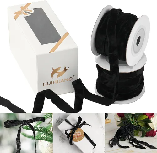 HUIHUANG Cinta de Terciopelo Negro 3/8" Cinta de Terciopelo Arrugado para Adornos de Árbol de Navidad, Envoltura de Regalos, Decoración de Coronas,