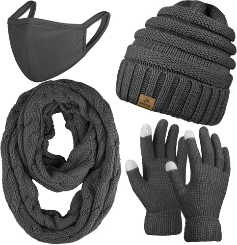 URATOT Conjunto cálido de punto de invierno, bufanda infinita y gorro, guantes para pantalla táctil, regalos de invierno para hombres y mujeres