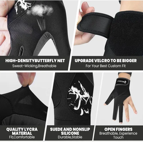 Miniatura 4 de YFY Guantes de billar para mano izquierda con 3 dedos, proceso de empalme, guantes deportivos de billar para hombres y mujeres