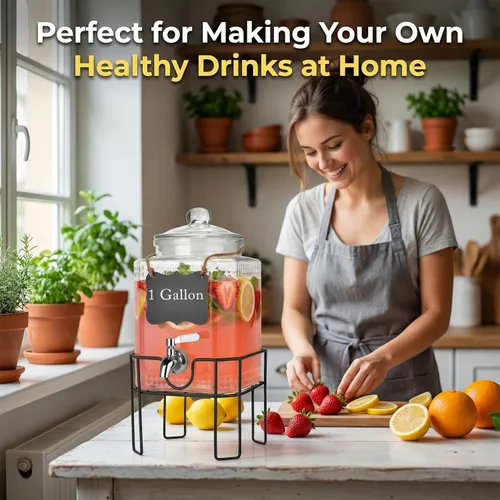 Miniatura 5 de Dispensador de bebidas, dispensadores de bebidas para fiestas, dispensador de bebidas de vidrio de 1 galón con soporte y tapa de vidrio, grifo 100%