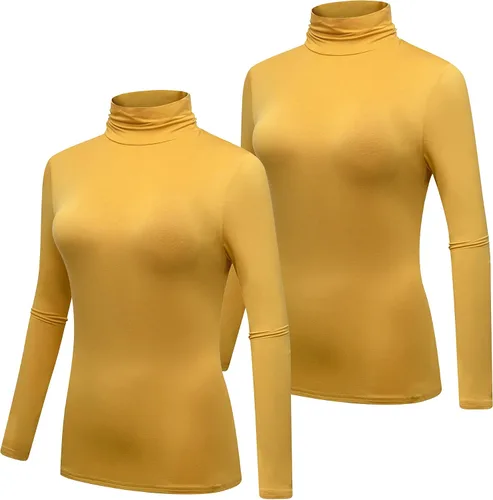 Miniatura 2 de Formeet17 Paquete de 2 camisetas de manga larga con cuello alto para mujer, básica, elástica, cómoda, cuello alto