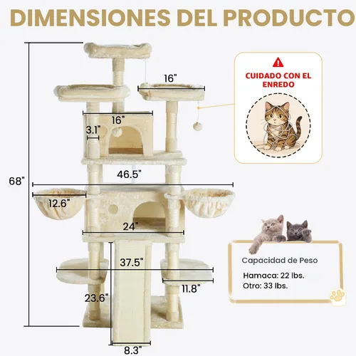 Miniatura 6 de SHA CERLIN Árbol para gatos de 68 pulgadas, de varios niveles, torre grande para gatitos grandes/torre para gatos con condominio/acogedoras perchas