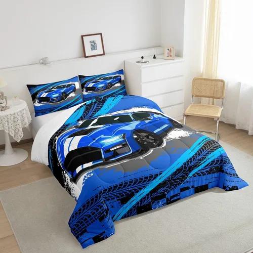 Miniatura 4 de Juego de edredón azul de coche deportivo para niños y hombres, juego de ropa de cama de auto de carreras de graffiti tamaño individual, edredón