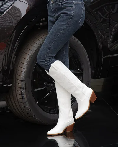 Miniatura 4 de Botas vaqueras para mujer, botas vaqueras bordadas hasta la rodilla para mujer, cómodas y modernas botas de pantorrilla ancha con punta puntiaguda
