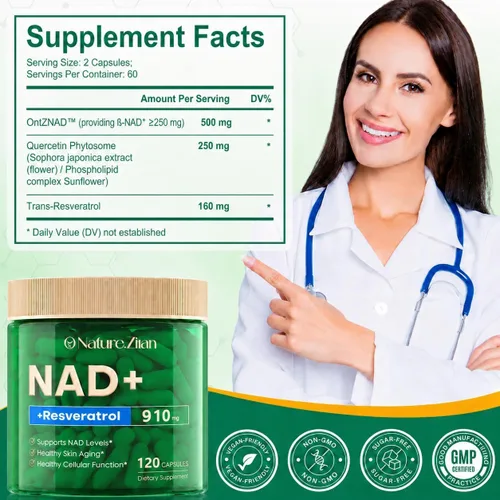 Miniatura 3 de NAD+ Resveratrol 910mg Suplemento para mujeres y hombres - 120 cápsulas (120 unidades (paquete de 1))