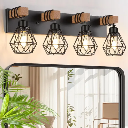 Miniatura 9 de FadimiKoo Aplique de pared de baño de madera de estilo rústico de 2 luces, accesorio de iluminación de tocador de granja para baño, lámpara de pared