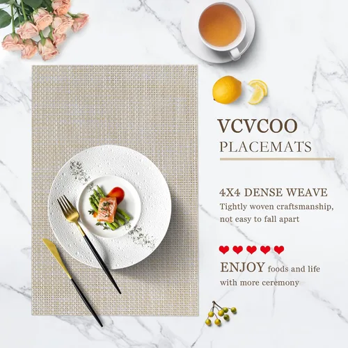 Miniatura 2 de Juego de 4 manteles individuales de vinilo de plástico tejido beige y amarillo para decoración de mesa de comedor, resistentes al calor