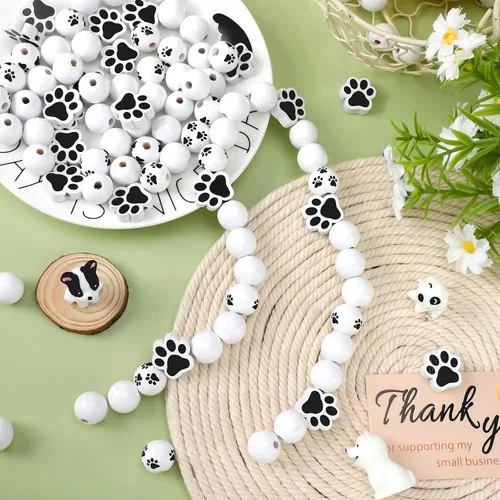 Miniatura 2 de 120 cuentas de madera de pata, cuentas de huella de perro, cuentas de madera de pata de cachorro, cuentas de madera en blanco y negro, lindas